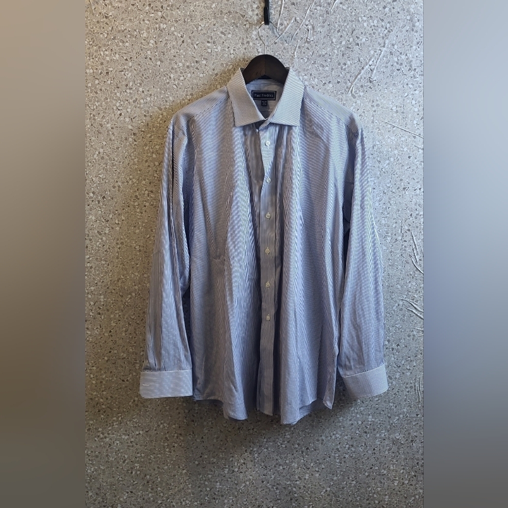 Paul Frederick Dress Shirt, Blue/‎ White Pin Stripes, Men Size (16.5-35) Size 48